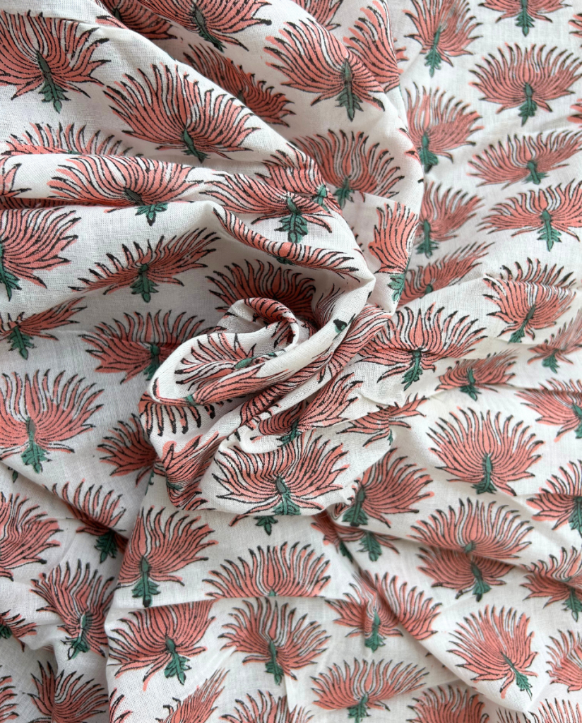 White & Peach Block Print Cotton Fabric         (Rs.500/meter) — photograph 4