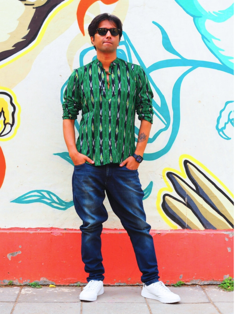 Alternative view of Black Stripes Ikkat Print Green Cotton Short Kurta