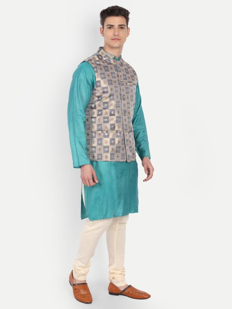 Blue & Golden Brocade Nehru Jacket — photograph 5