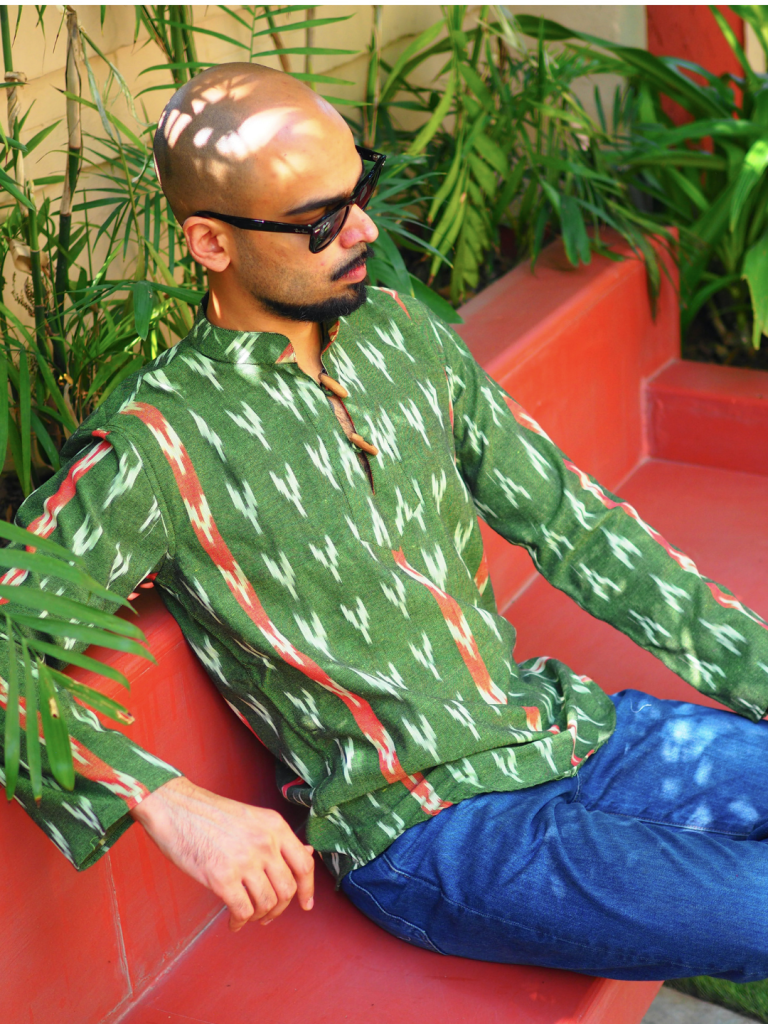 Green and Rust Ikkat Cotton Short Kurta