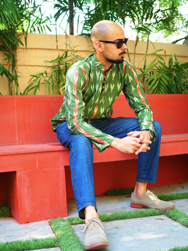 Alternative view of Green and Rust Ikkat Cotton Short Kurta