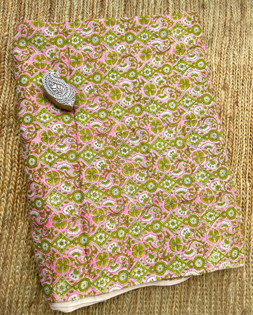 Pink and Green Block Print Cotton Fabric         (Rs.500/meter) — photograph 5