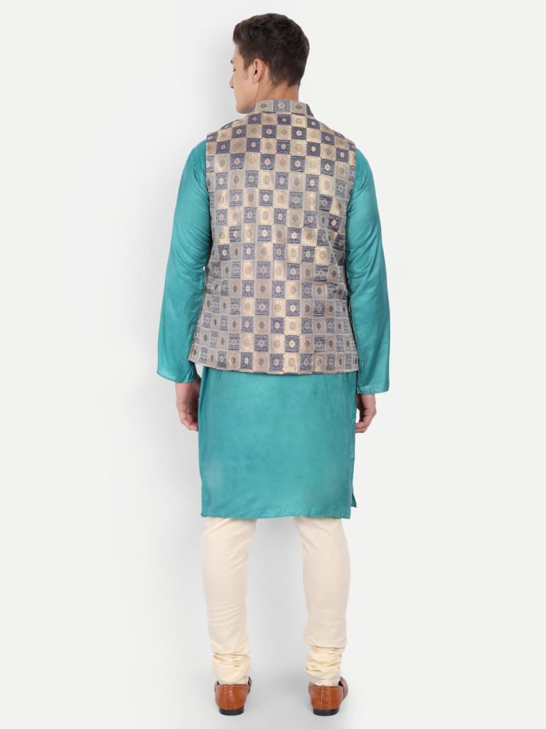 Blue & Golden Brocade Nehru Jacket — photograph 4