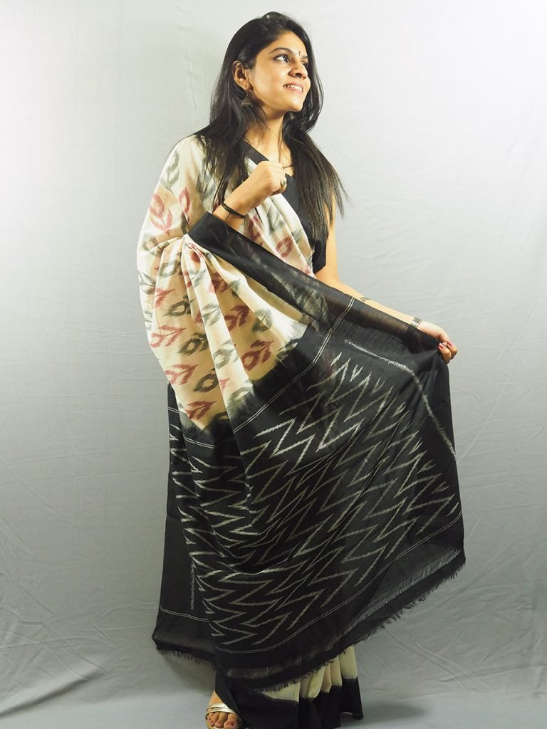 Nizami Black and White Ikkat Saree — photograph 3
