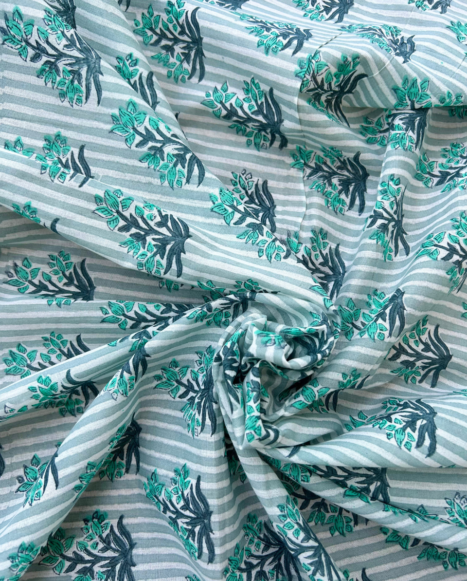 Grey Striped Block Print Cotton Fabric         (Rs.450/meter)