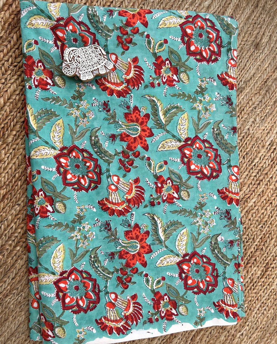 Alternative view of Green Floral Block Print Cotton Fabric         (Rs.450/meter)