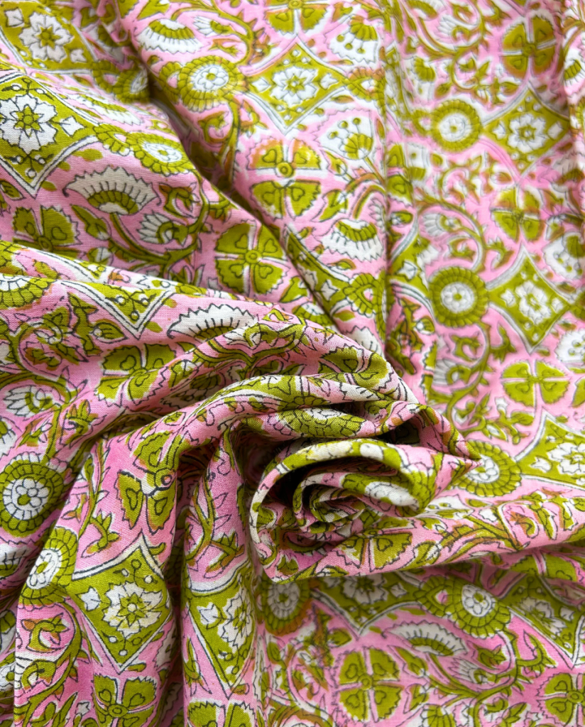 Pink and Green Block Print Cotton Fabric         (Rs.500/meter) — photograph 3