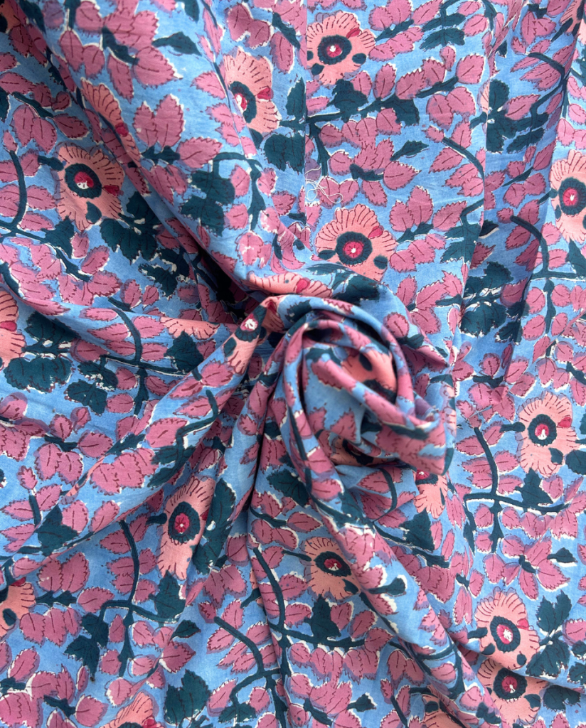Blue & Pink Block Print Cotton Fabric         (Rs.500/meter) — photograph 3