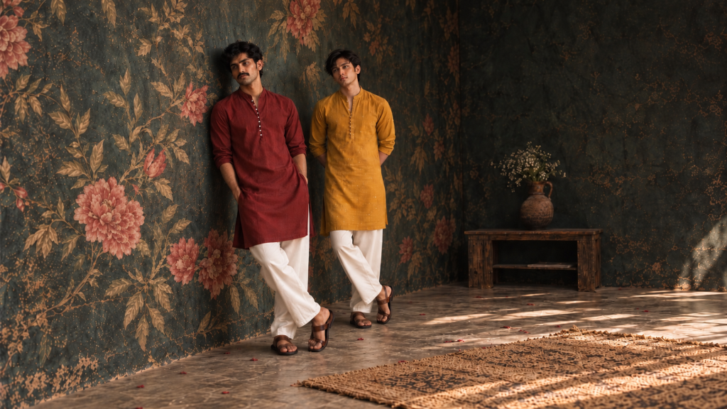 Two men wearing maroon and mustard kurtas against a floral backdrop