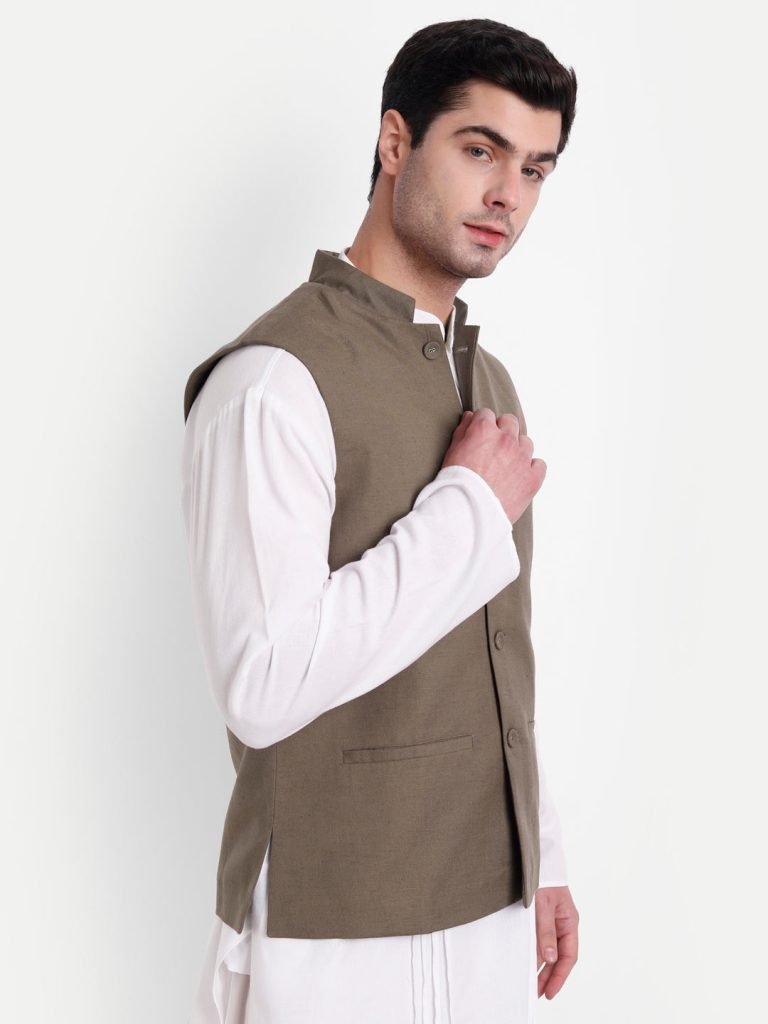 Brown Linen Nehru Jacket — photograph 4
