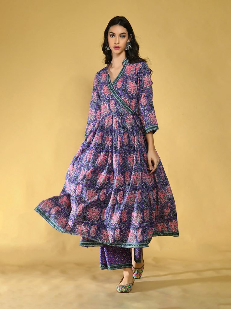 Embroidered Purple Floral Angrakha Cotton Kurta Set Women