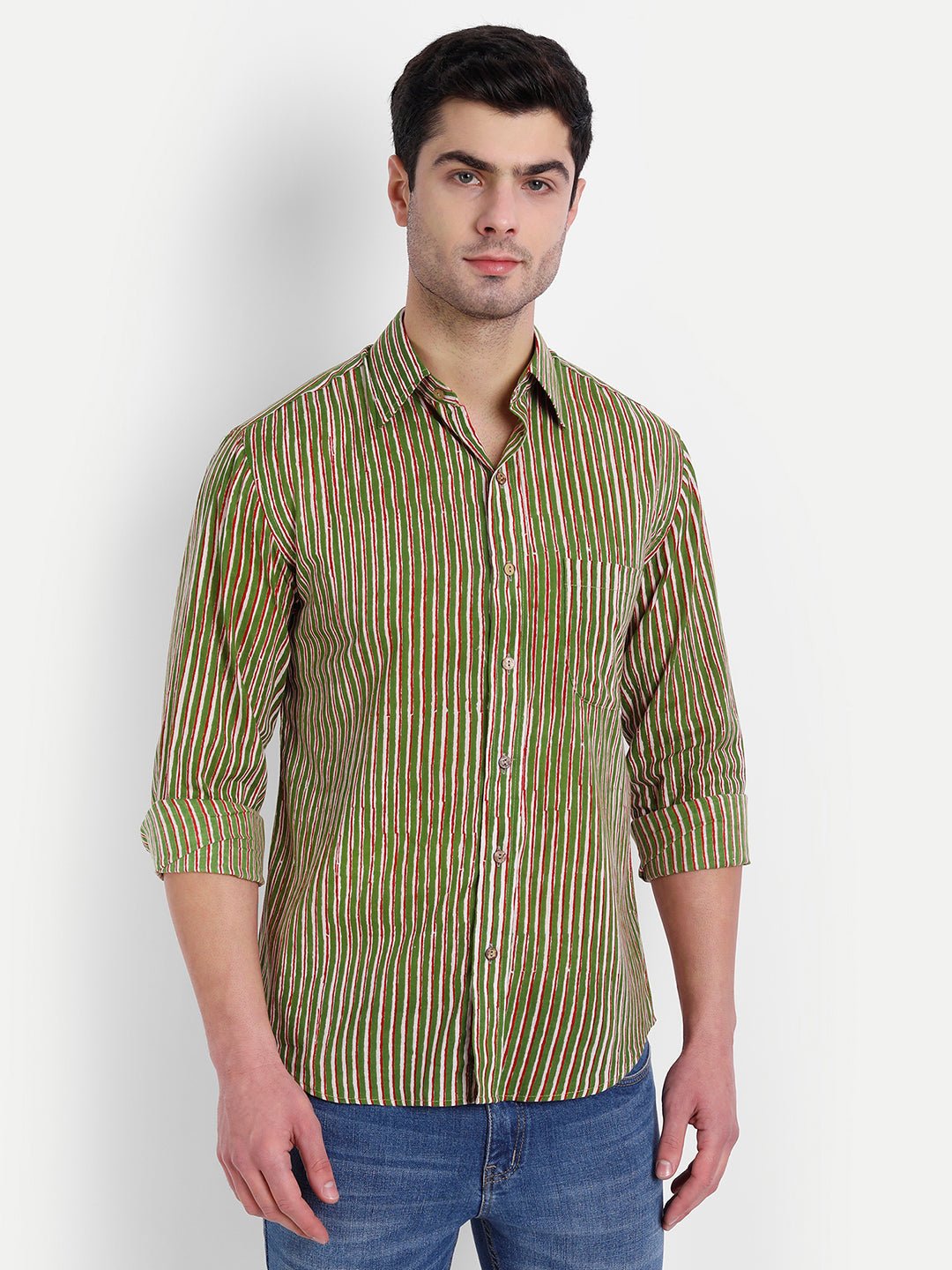 Alternative view of Green Stripes Bagru Print Cotton Shirt