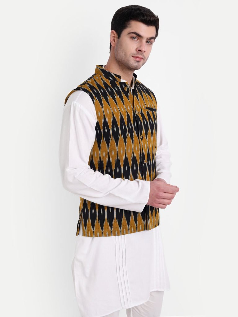 Mustard & Black Ikkat Handwoven Cotton Nehru Jacket — photograph 6