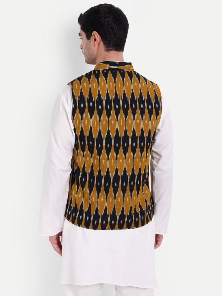 Mustard & Black Ikkat Handwoven Cotton Nehru Jacket — photograph 5