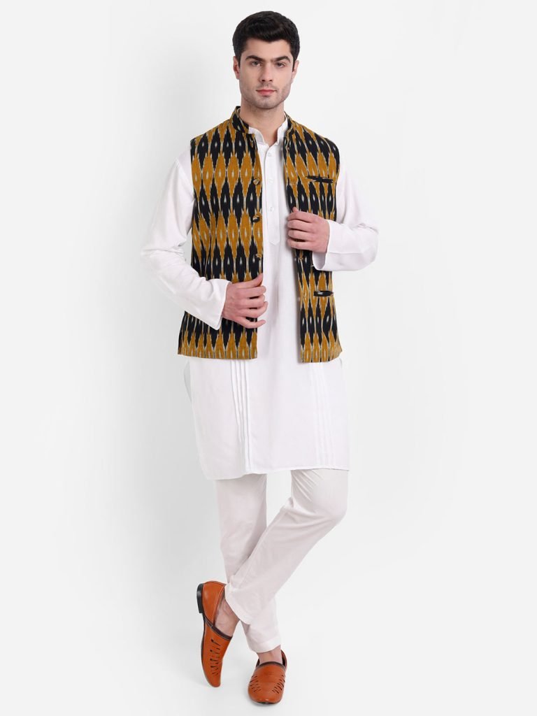 Mustard & Black Ikkat Handwoven Cotton Nehru Jacket — photograph 3