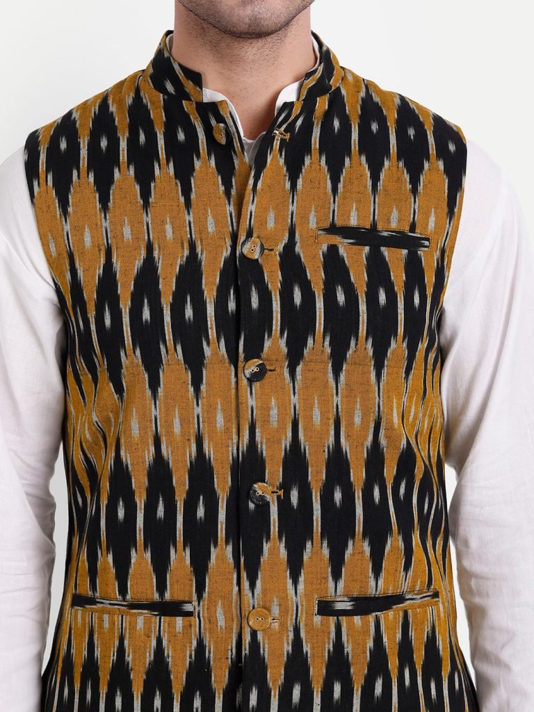 Mustard & Black Ikkat Handwoven Cotton Nehru Jacket — photograph 4