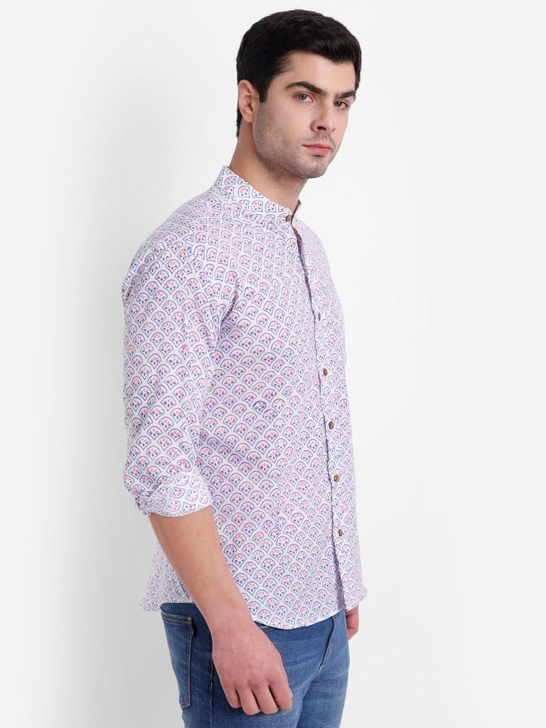Pink Lilac Bagru Print White Cotton Shirt — photograph 6