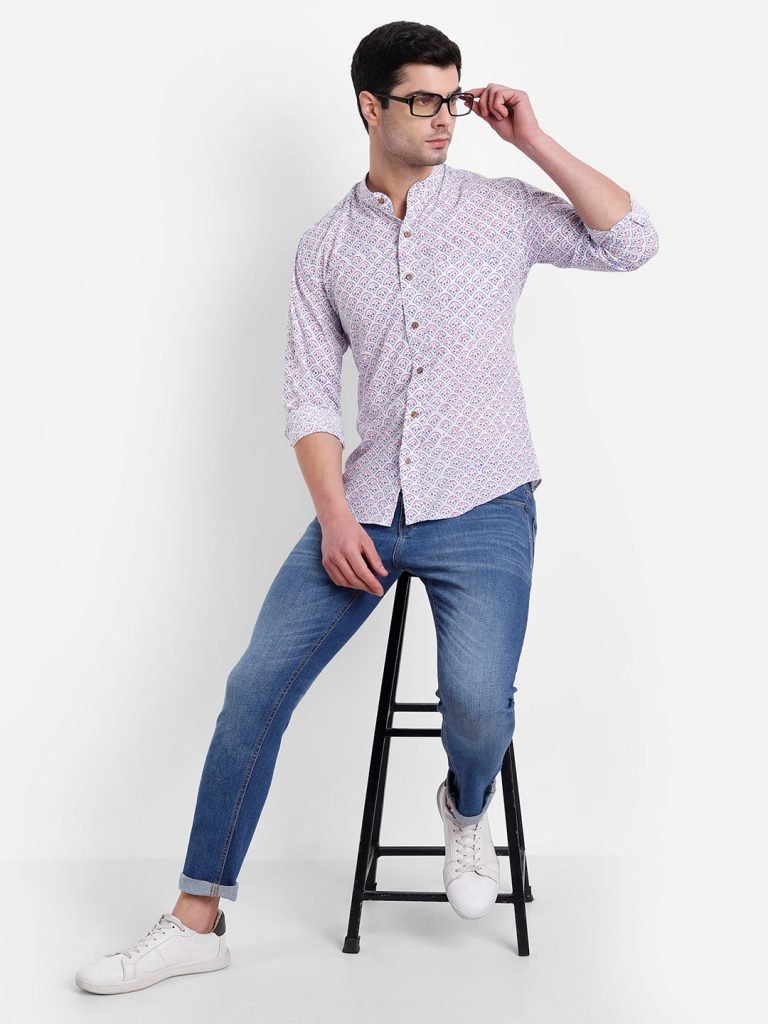 Pink Lilac Bagru Print White Cotton Shirt — photograph 7