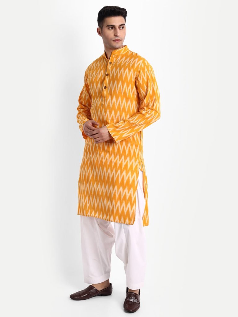Yellow Ikkat Handwoven Cotton Kurta — photograph 5
