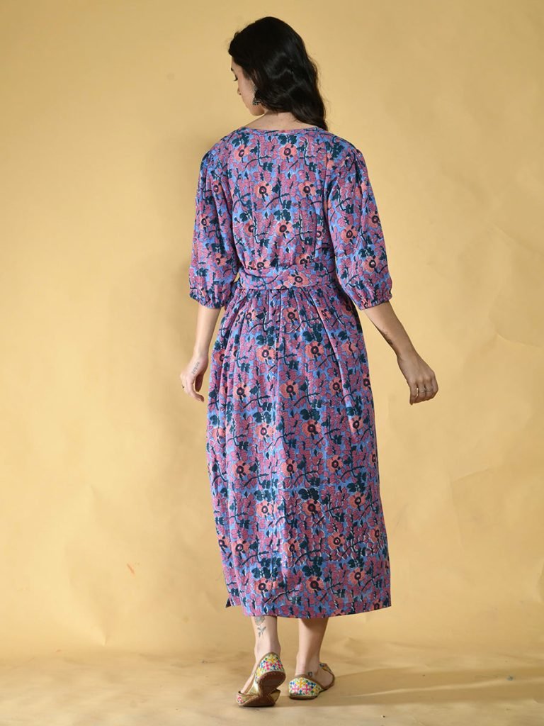 Alternative view of Blue and Peach Floral Wrap Around Dress Women