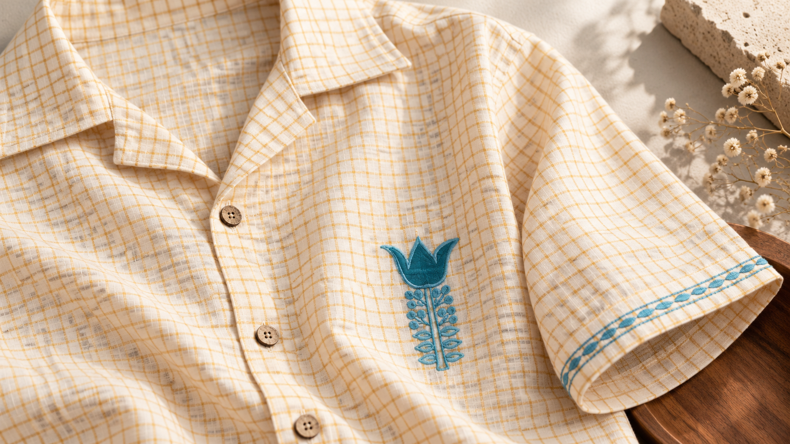 Cream and golden checked shirt with turquoise floral embroidery, button front and short embroidered sleeves Close-up of the open collar and button front on the cream and golden checked shirt Turquoise floral embroidery beside the button front on the checked shirt Short sleeve finished with turquoise leaf embroidery along the border[0]