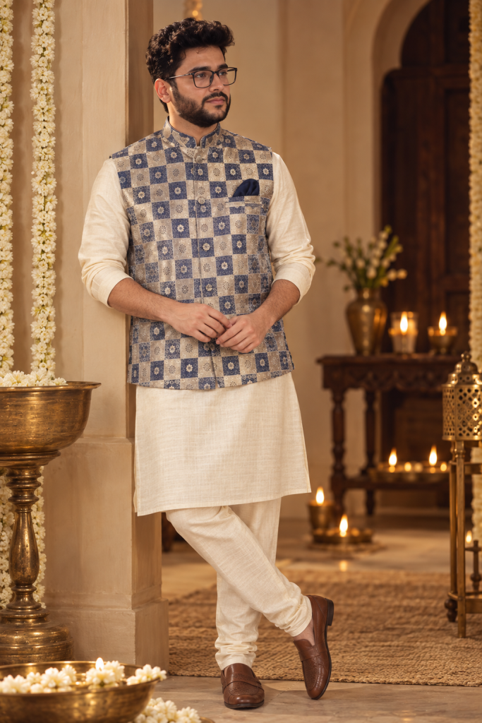 Alternative view of Blue & Golden Brocade Nehru Jacket