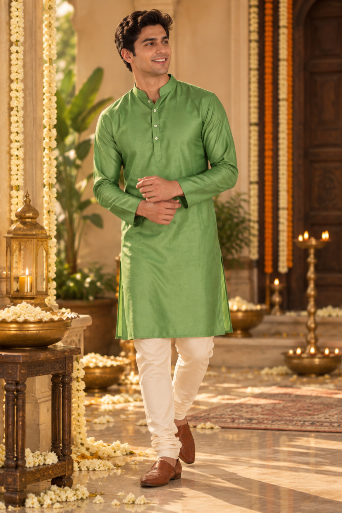 Alternative view of Green Cotton Silk Kurta
