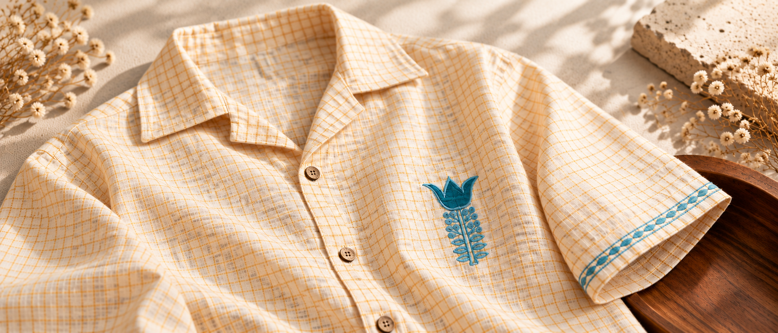 Sunlit flat lay of a cream checked shirt with blue floral chest embroidery and embroidered sleeve trim