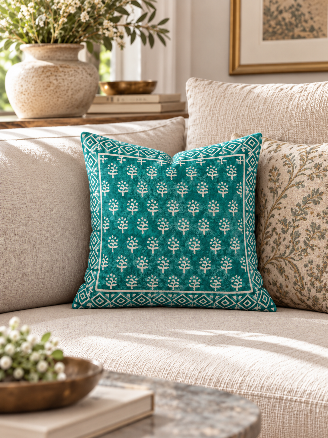 Turquoise Blue Bagru Print Cotton Cushion Cover