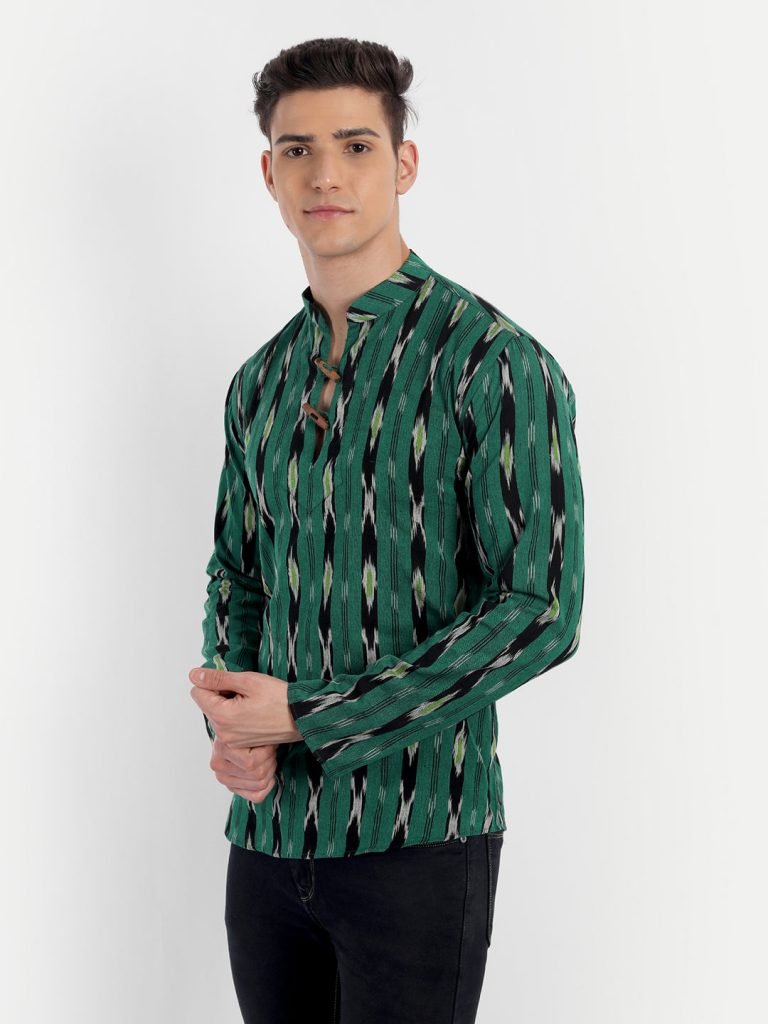 Black Stripes Ikkat Print Green Cotton Short Kurta — photograph 7