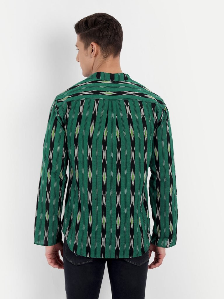 Black Stripes Ikkat Print Green Cotton Short Kurta — photograph 6