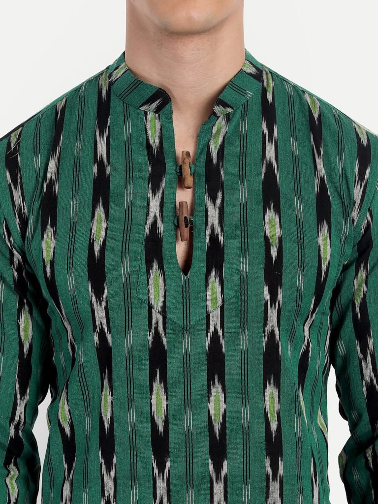 Black Stripes Ikkat Print Green Cotton Short Kurta — photograph 4