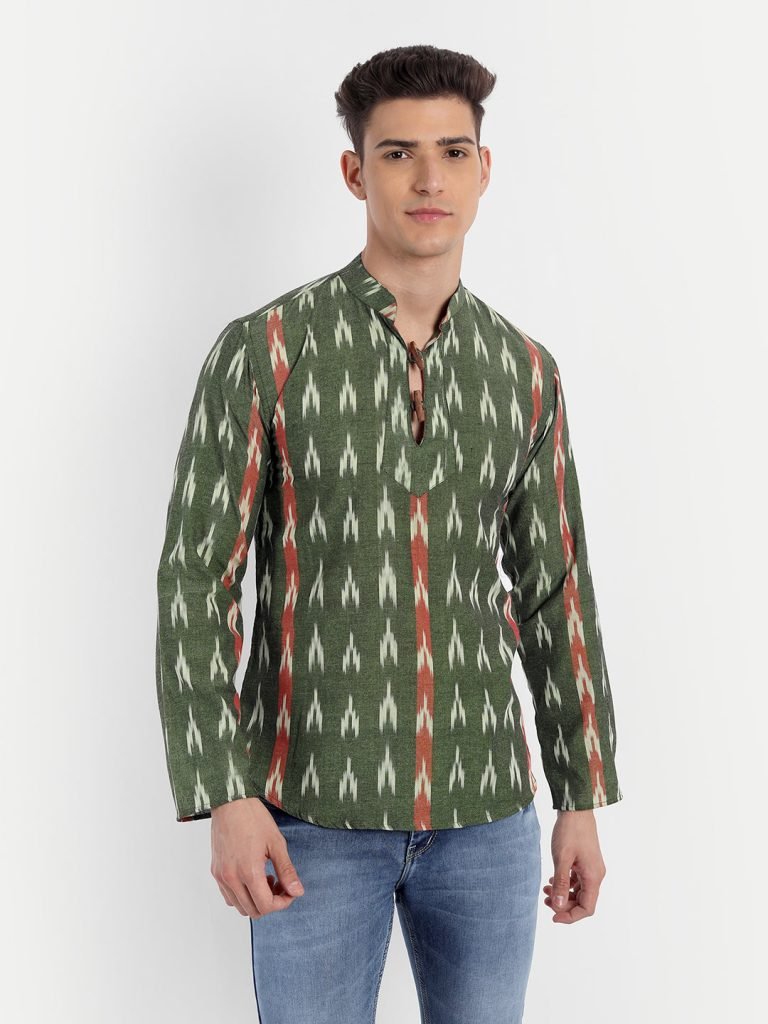 Green and Rust Ikkat Cotton Short Kurta — photograph 3