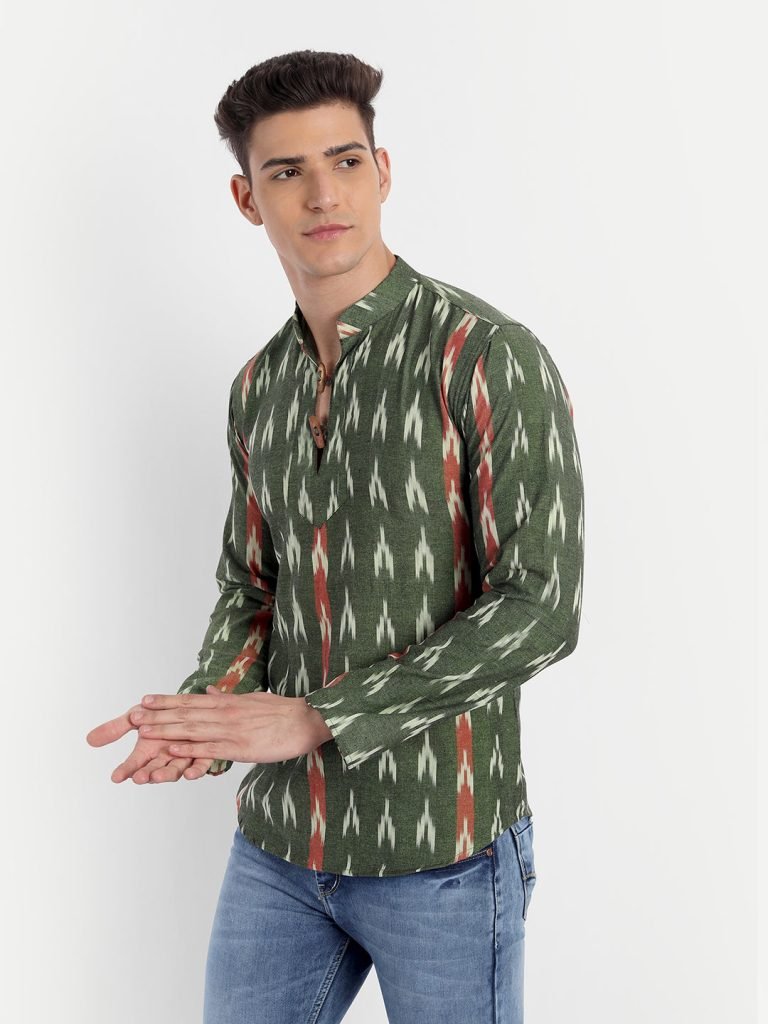 Green and Rust Ikkat Cotton Short Kurta — photograph 7