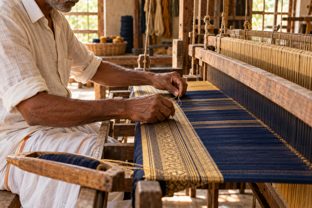Illustrative generated scene of an anonymous artisan at a handloom