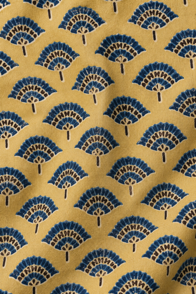 Mayura Mustard Motif Kurta — Mustard Indigo Block-Print Fabric Texture