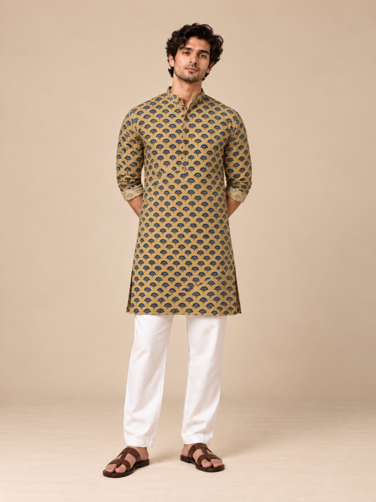 Mayura Mustard Motif Kurta — Mustard Patterned kurta Lookbook Portrait