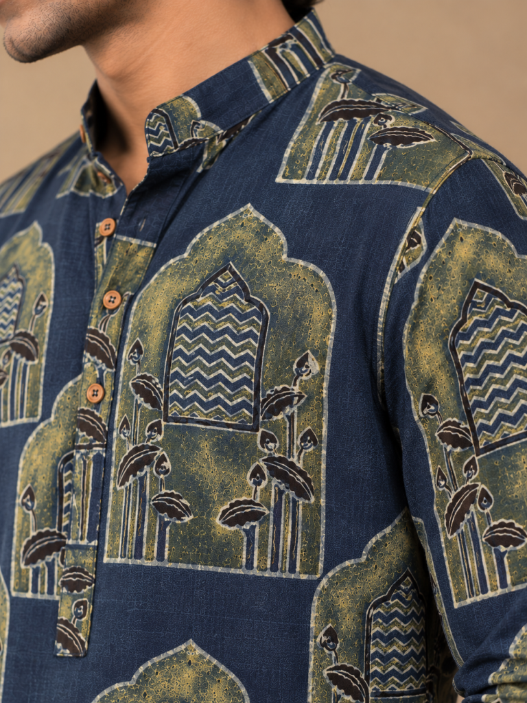 Mehraab Indigo Arch Kurta — Patterned Indigo kurta Close-Up