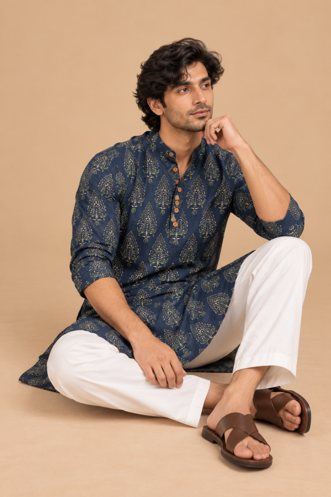 Pankhuri (पंखुरी) Indigo Botanical Kurta — photograph 3