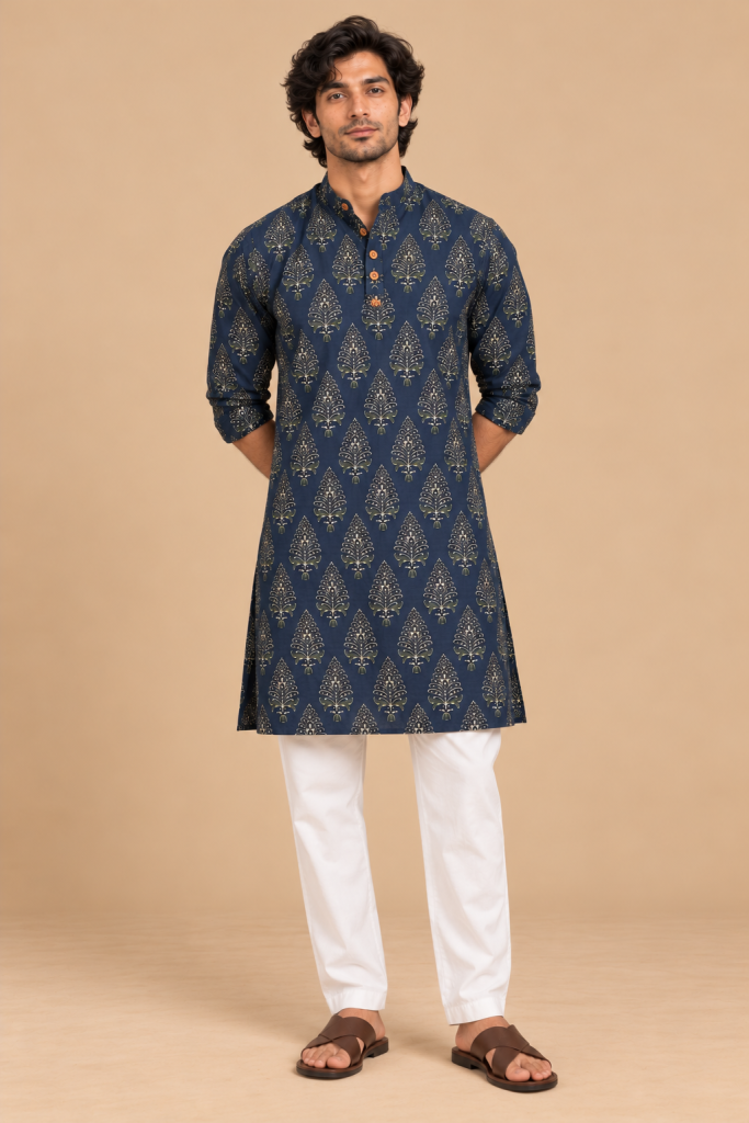 Pankhuri (पंखुरी) Indigo Botanical Kurta — Modern Navy Printed kurta Portrait